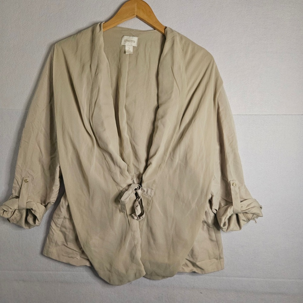 Chicos‎ Tan Modal Blend Drawstring Waist Roll Tab Sleeve Utility Jacket Size 2 L